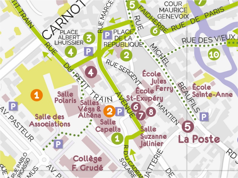 Extrait graphique d'un plan de ville avec des repères touristiques, pratiques et patrimoniaux.